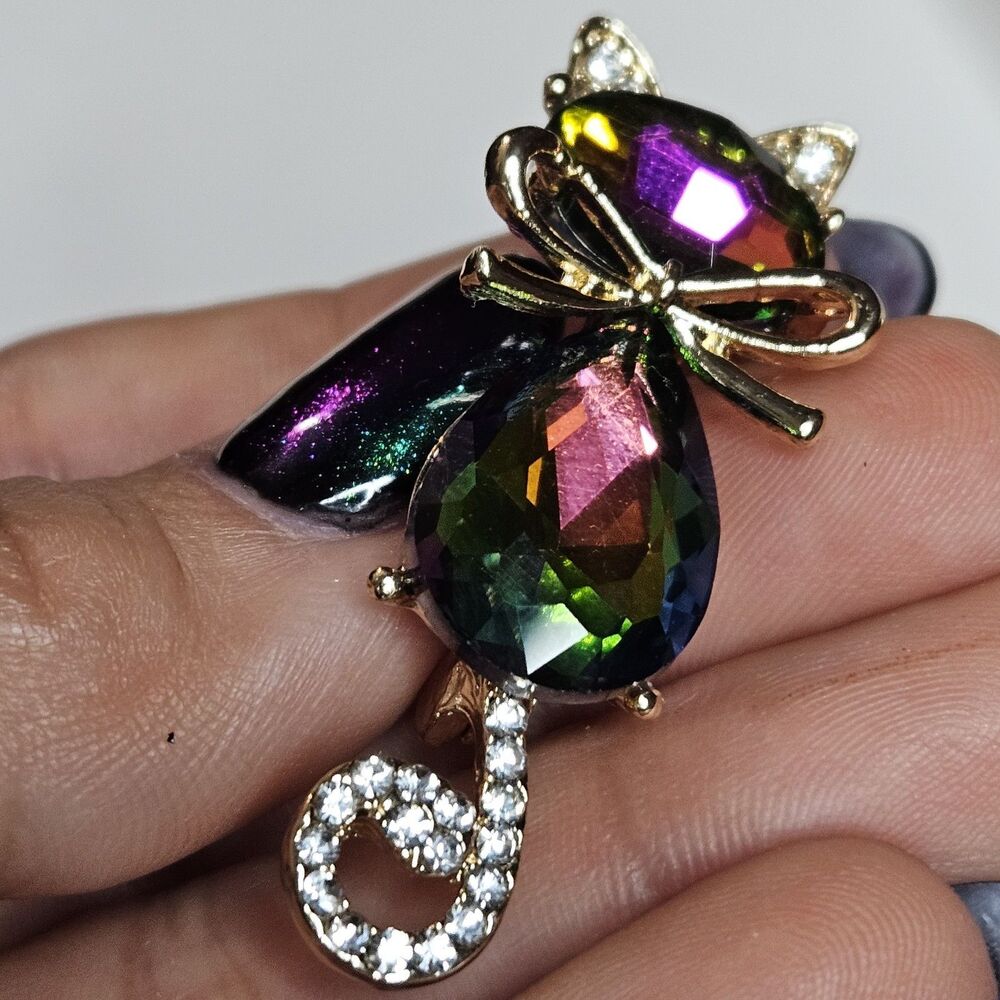 Goldtone Mr. Cat Bow Cyrstal Brooch Rhinestone Tail & Ears Iridescent Kitty Pin - Picture 8 of 13